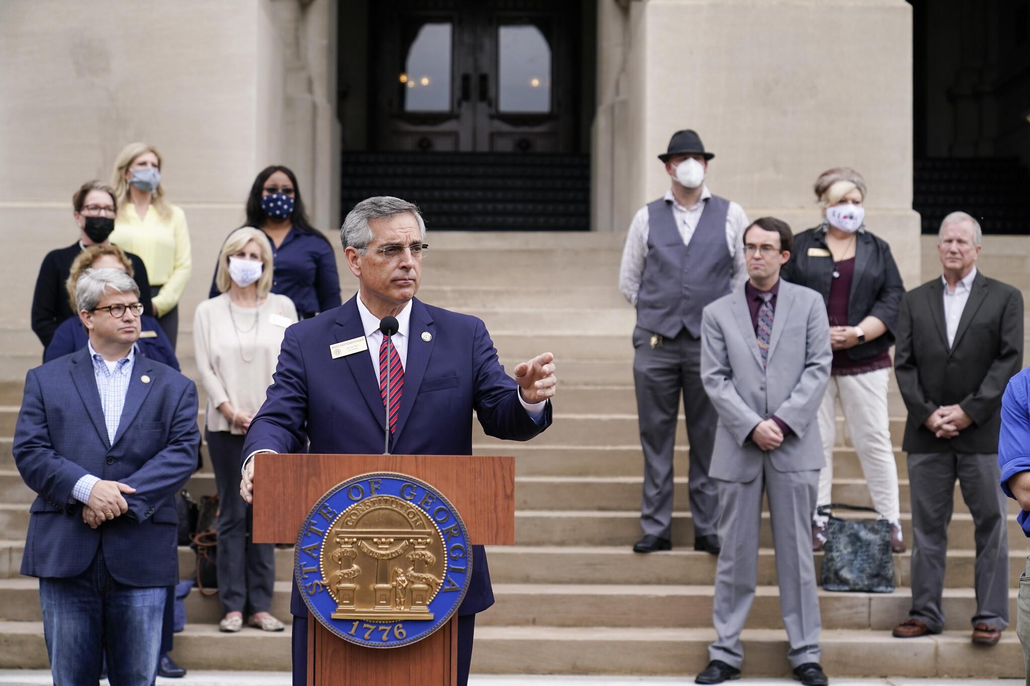 Georgia Secretary of State Brad Raffensperger speaks during a news conference on Wednesday, Nov. 11, 2020, in Atlanta. Georgia election officials have announced an audit of presidential election results that will trigger a full hand recount. (AP Photo/Brynn Anderson)