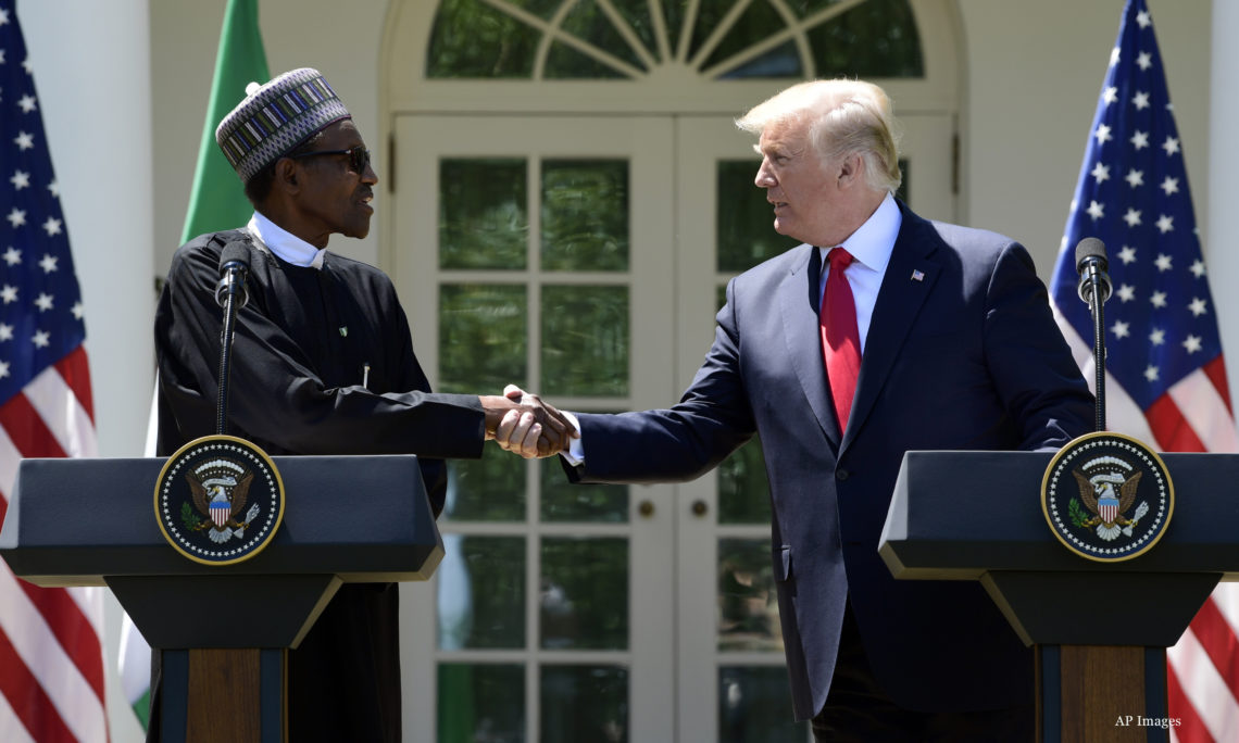 President Donald Trump and Nigerian President Muhammadu Buhari shake hands during for a news conference in the Rose Garden of the White House in Washington, Monday, April 30, 2018. (AP Photo/Susan Walsh)
