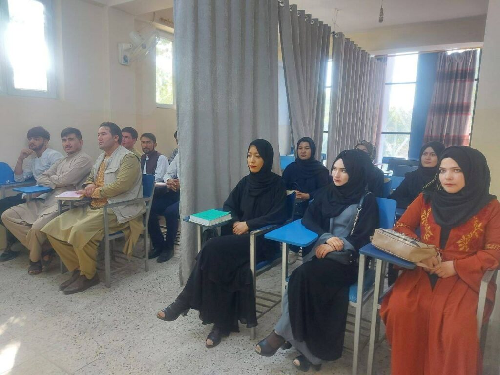 Students attend class under new classroom conditions at Avicenna University in Kabul, Afghanistan September 6, 2021, in this picture obtained by REUTERS from social media. Social media handout/via REUTERS. THIS IMAGE HAS BEEN SUPPLIED BY A THIRD PARTY. MANDATORY CREDIT. NO RESALES. NO ARCHIVES.