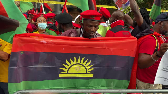 ROME, ITALY - JULY 26: Movement for the Indigenous People of Biafra, Ipob, take part in a demonstration Rome near the British Embassy to call for the release of Nnamdi Kanu in Biafra, after he was detained in Nigeria on July 26, 2021 in Rome, Italy. Nnamdi Kanu was detained by the Nigerian government at Nairobi airport, stripped of his passport and forcibly transferred to Nigeria. (Footage by Stefano Montesi - Corbis/Getty Images)