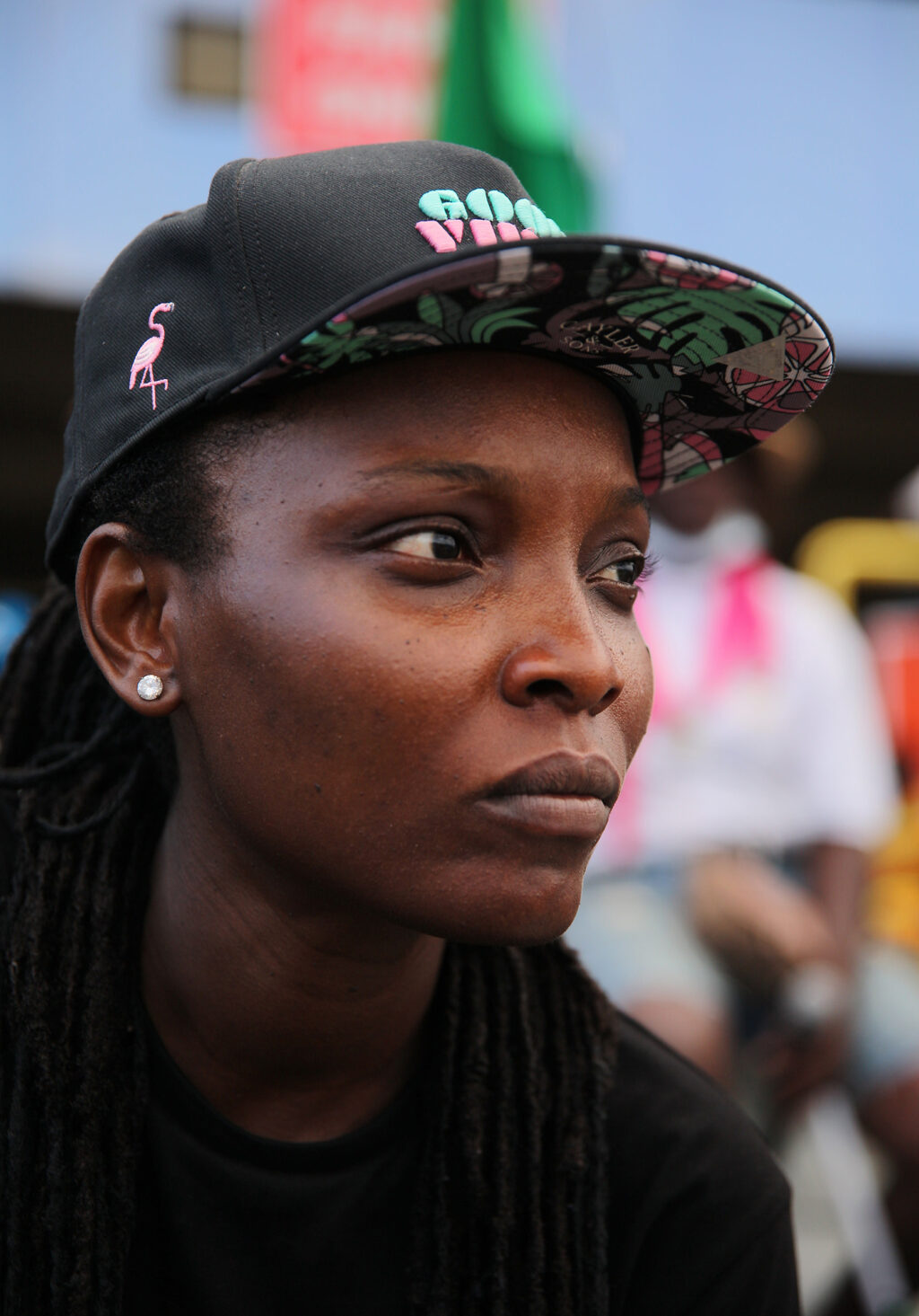 LAGOS, NIGERIA - OCTOBER 20: Obianuju Catherine Udeh, professionally known as DJ Switch, attends a protest against brutality at the Lekki toll gate on October 20, 2020 in Lagos, Nigeria. The Nigerian government had imposed a 24-hour curfew to tamp down on sustained protests against the now-defunct Special Anti-Robbery Squad (SARS), a police division accused of abuse, extortion and extra-judicial killings. Witnesses said security forces later opened fire to disperse the crowd, killing several people. (Photo by Adetona Omokanye/Getty Images)