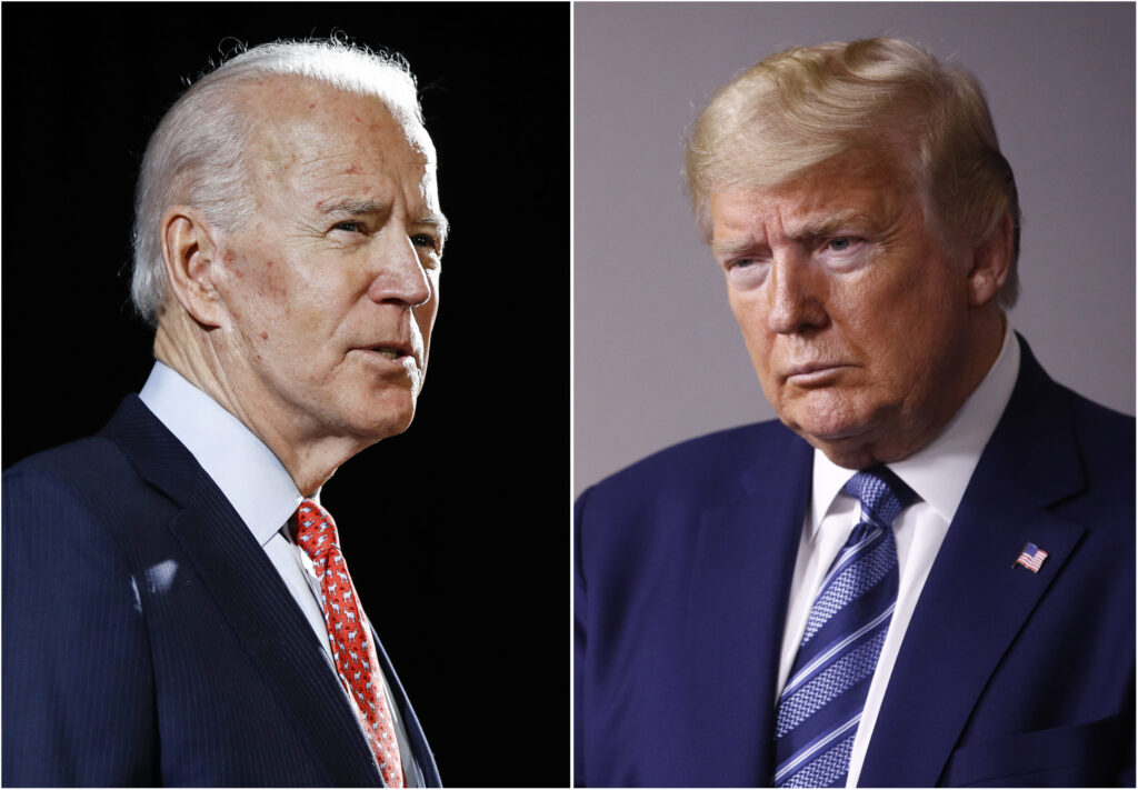 FILE - In this combination of file photos, former Vice President Joe Biden speaks in Wilmington, Del., on March 12, 2020, left, and President Donald Trump speaks at the White House in Washington on April 5, 2020. (AP Photo, File)