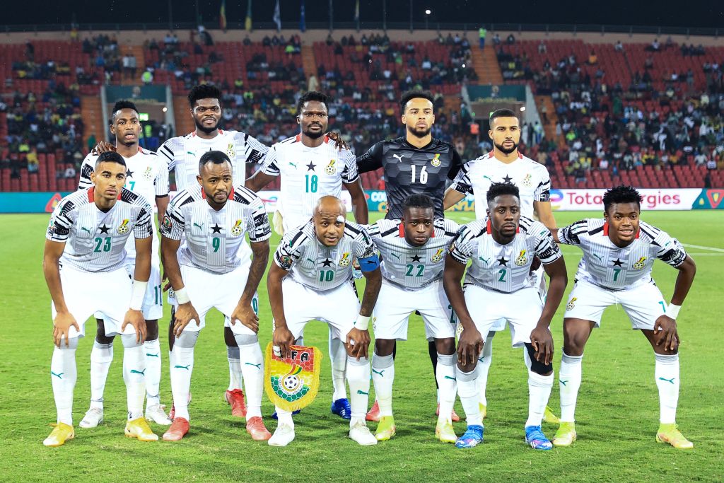 (Top L-R)  Ghana's defender Abdul Rahman Baba, midfielder Thomas Partey,  defender Daniel Amartey,  goalkeeper Joe Wollacott,  midfielder Daniel-Kofi Kyereh, (bottom L-R) defender Alexander Djiku, forward Jordan Ayew, forward Andre Ayew, forward Kamaldeen Sulemana, defender Andy Yiadom and forward Abdul Fatawu Issahaku pose prior to the   during the Group C Africa Cup of Nations (CAN) 2021 football match between Ghana and Comoros at Stade Roumde Adjia in Garoua on January 18, 2022. (Photo by Daniel BELOUMOU OLOMO / AFP) (Photo by DANIEL BELOUMOU OLOMO/AFP via Getty Images)