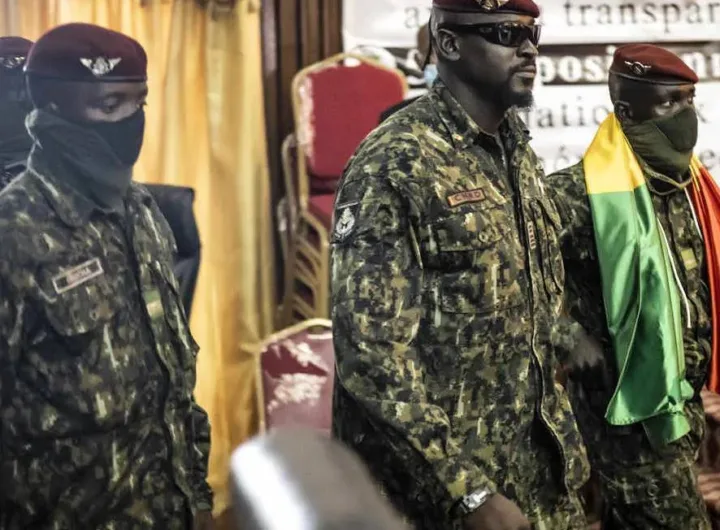 Guinean Military Head of State Colonel Mamady Doumbouya surrounded by soldiers