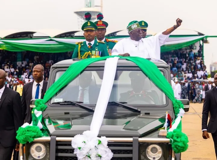President Tinubu waves to the people during his inauguration/Instagram @officialasiwajubat