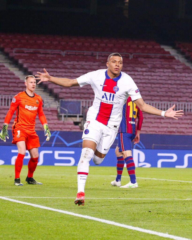 Mbappe celebrates after scoring against Barca/Instagram @psg