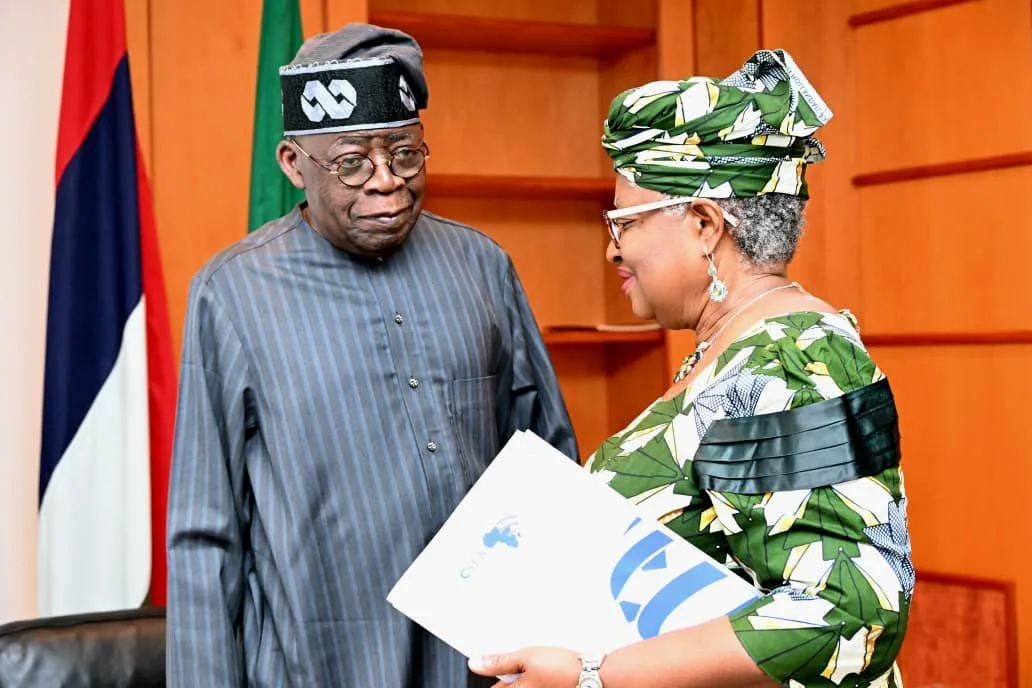 President Tinubu and Dr. Ngozi Okonjo-Iweala during their meeting at the Presidential Villa/Lionscrib