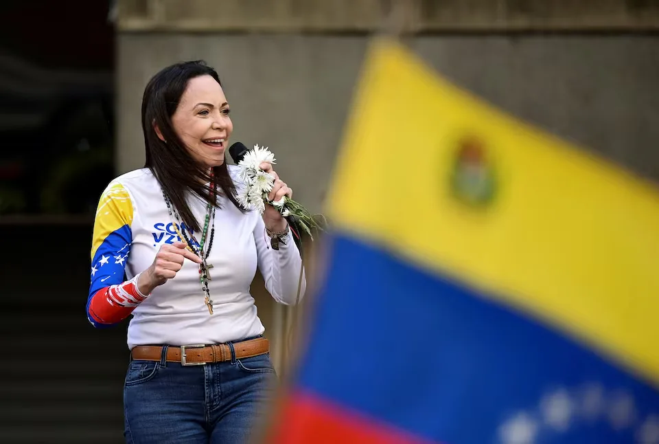 On January 9, 2025, Maria Corina Machado, a leader of Venezuela's opposition, spoke to protesters in Caracas who had gathered before President Nicolas Maduro's scheduled inauguration for a third term on Friday. Photo credit: REUTERS/Gaby Oraa