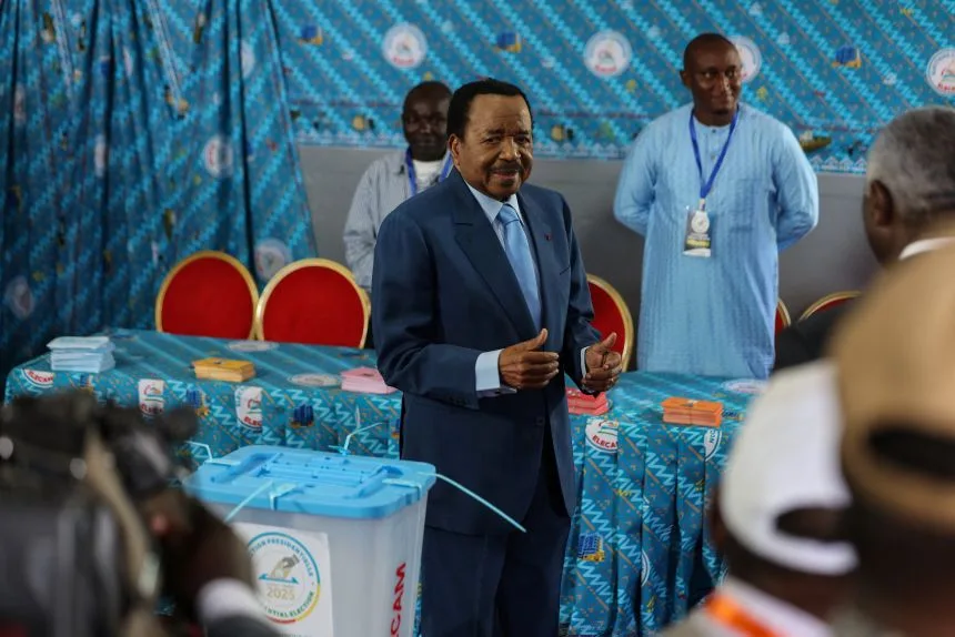 President Paul Biya after casting his vote/Reuters