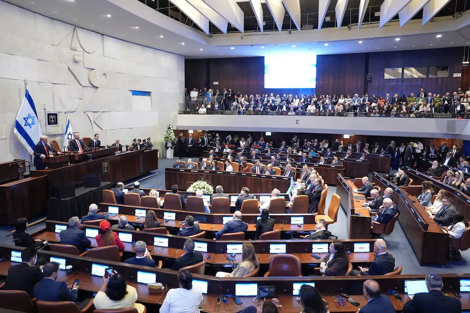 U.S. President Donald Trump addresses Israel's parliament, the Knesset, in Jerusalem on Monday, October 13, 2025. Photo credit: Evan Vucci/Pool via REUTERS