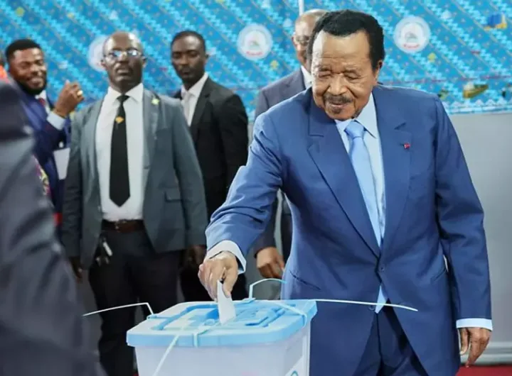 President Paul Biya votes at a primary school polling station in Yaounde, Cameroon, Saturday, October 12, 2025/AP