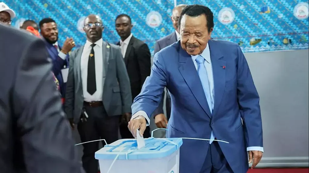 President Paul Biya votes at a primary school polling station in Yaounde, Cameroon, Saturday, October 12, 2025/AP