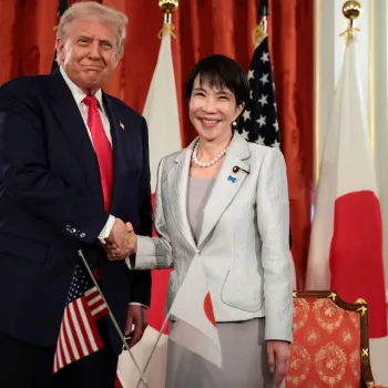 Japanese Prime Minister Sanae Takaichi and U.S. President Donald Trump exchange a handshake at their bilateral meeting held at Akasaka Palace in Tokyo, Japan on October 28, 2025. REUTERS/Evelyn Hockstein