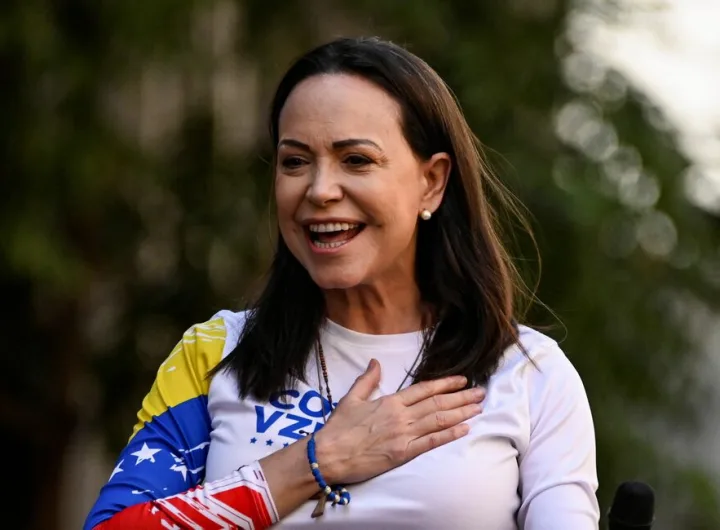 At a demonstration in Caracas, Venezuela on January 9, 2025, Venezuelan opposition figure Maria Corina Machado makes gestures during a rally held before President Nicolas Maduro's third-term inauguration scheduled for Friday. Photo credit: REUTERS/Maxwell Briceno