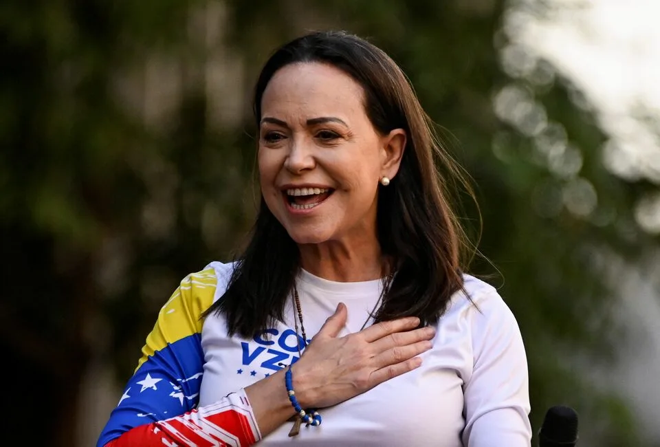 At a demonstration in Caracas, Venezuela on January 9, 2025, Venezuelan opposition figure Maria Corina Machado makes gestures during a rally held before President Nicolas Maduro's third-term inauguration scheduled for Friday. Photo credit: REUTERS/Maxwell Briceno