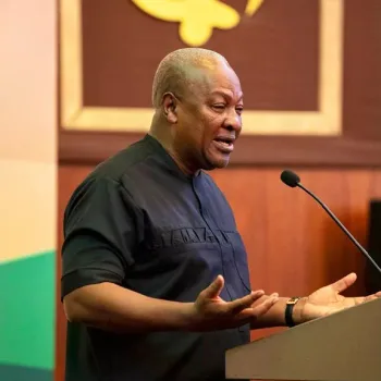 President of Ghana John Mahama addresses the media at the Jubilee House in Accra on September 10. 2025/AP