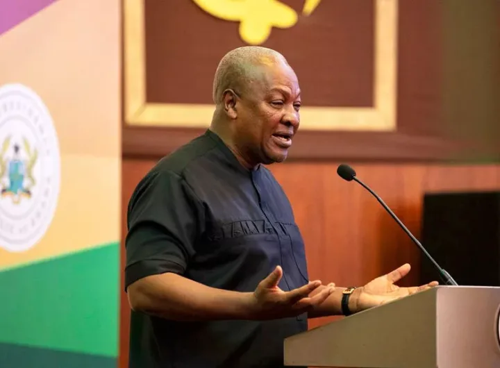 President of Ghana John Mahama addresses the media at the Jubilee House in Accra on September 10. 2025/AP