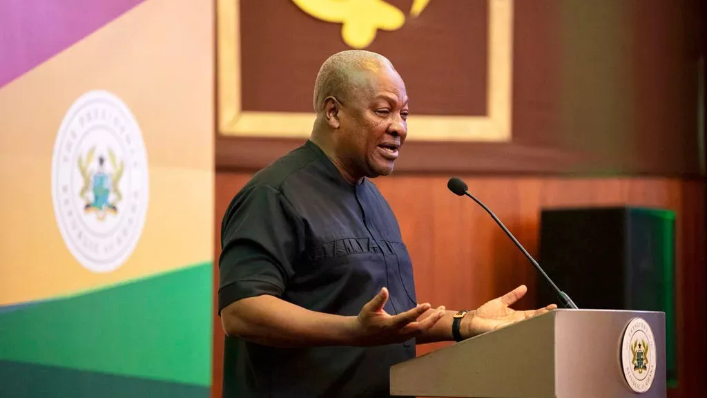 President of Ghana John Mahama addresses the media at the Jubilee House in Accra on September 10. 2025/AP