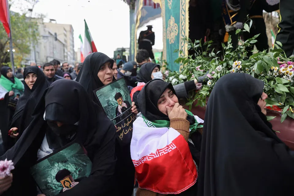 Mourners gather at a funeral service in Tehran, Iran on January 14, 2026, for security personnel who died during demonstrations sparked by the currency's devaluation. Majid Asgaripour/WANA (West Asia News Agency) via REUTERS