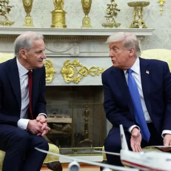 U.S. President Donald Trump holds a meeting with Norwegian Prime Minister Jonas Gahr Støre at the White House's Oval Office in Washington, D.C., on April 24, 2025. Photo credit: Kevin Lamarque/REUTERS