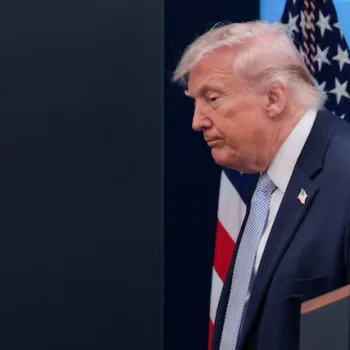 President Donald Trump walks out of the James S. Brady Press Briefing Room at the White House in Washington, D.C., following a press conference on April 6, 2026/Photo: Reuters