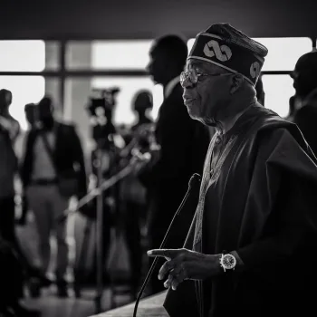 Tinubu addresses some family members of victims of Jos Palm Sunday attack and stakeholders at the Yakubu Gowon Airport/Image: Instagram @officialasiwajubat
