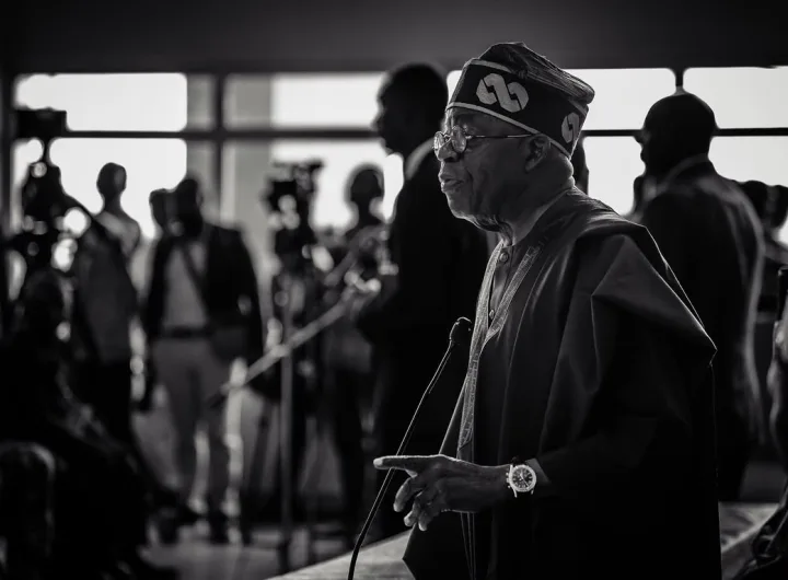Tinubu addresses some family members of victims of Jos Palm Sunday attack and stakeholders at the Yakubu Gowon Airport/Image: Instagram @officialasiwajubat