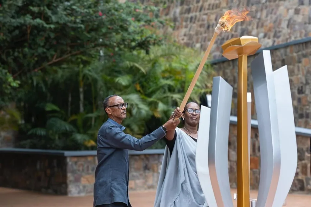 President Paul Kagame and First Lady Jeannette Kagame light the Flame of Hope during the commemoration of the Rwandan genocide in 2025/Photo: Instagram @paulkagame