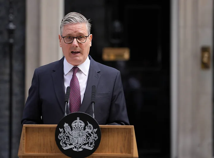 Keir Starmer announced his resignation outside 10 Downing Street in London, Monday, June 22, 2026. (AP Photo/Kin Cheung)