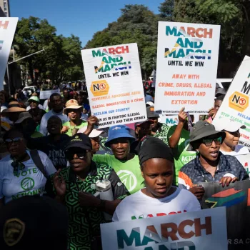 Members of civil society and human rights groups took to the streets of Pretoria, South Africa, on April 28, 2026, brandishing placards during a march that urged the government to take firmer steps in tackling illegal immigration. (Photo: REUTERS/Ihsaan Haffejee/File Photo)