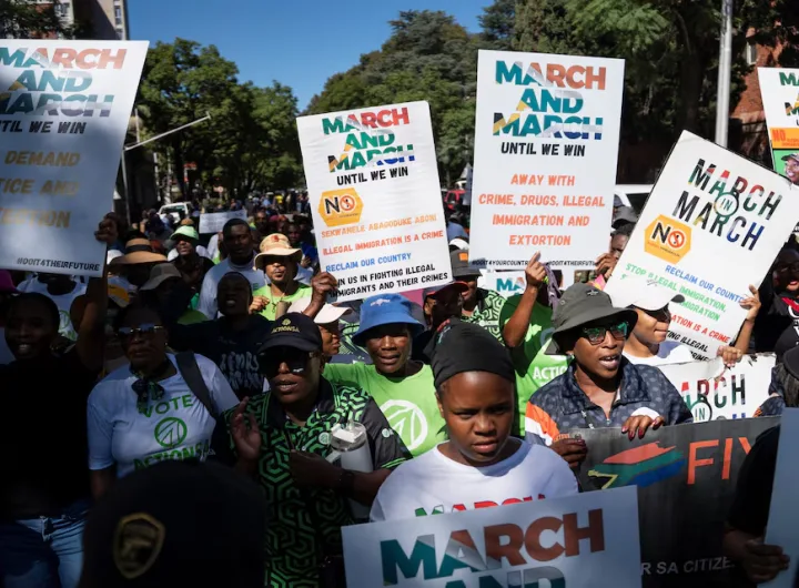 Members of civil society and human rights groups took to the streets of Pretoria, South Africa, on April 28, 2026, brandishing placards during a march that urged the government to take firmer steps in tackling illegal immigration. (Photo: REUTERS/Ihsaan Haffejee/File Photo)