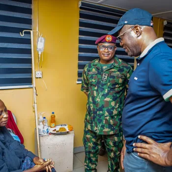 Governor Seyi Makinde (right) is pictured visiting a teacher who was kidnapped by terrorists in May, following her release from captivity. The visit took place at a hospital in Oyo State on July 11, 2026. The image was released by the Oyo State government house
