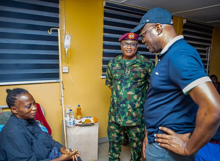 Governor Seyi Makinde (right) is pictured visiting a teacher who was kidnapped by terrorists in May, following her release from captivity. The visit took place at a hospital in Oyo State on July 11, 2026. The image was released by the Oyo State government house