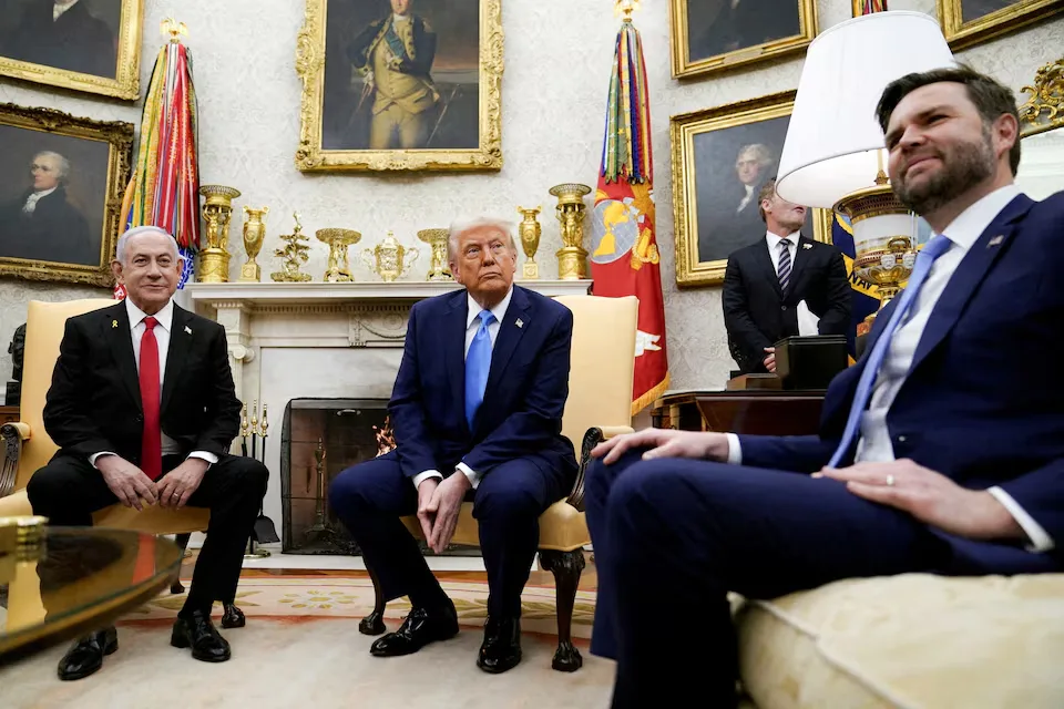 U.S. President Donald Trump and Vice President JD Vance host Israeli Prime Minister Benjamin Netanyahu for talks at the White House in Washington, U.S., on February 4, 2025. REUTERS/Elizabeth Frantz