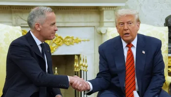 US President Donald Trump and Canadian Prime Minister Mark Carney pictured during their May 6 meeting at the Oval Office in Washington, DC [Evan Vucci/AP Photo]