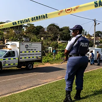 A police officer stands at the scene of a mass shooting at a house party in KwaMakhutha, a township south of Durban, South Africa, on Wednesday, Sept. 23, 2026. /Photo: AP