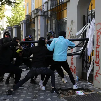 Fury on the streets of Tirana, Albania: Protesters shattered the Education Ministry’s windows, flattened its perimeter fence and set billboards ablaze as unrest gripped the Albanian capital. [Hameraldi Agolli/AP Photo]