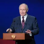 Russian President Vladimir Putin addresses guests at a gala event held at Moscow’s Bolshoi Theatre to celebrate 150 years of the Union of Theatre Workers of Russia on October 22, 2026. Sputnik/Alexei Nikolsky/Pool via REUTERS